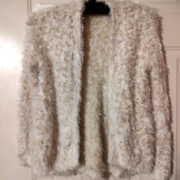 🔸🐇🔸Delightful XOXO Soft Ivory & Gold Lame Plush Furry Sweater Cardigan - M - Picture 9 of 16